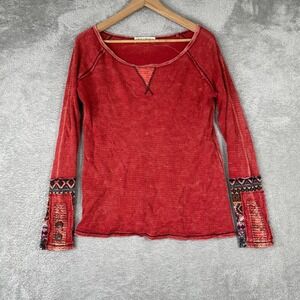 Americanable Thermal Shirt Womens Small Red Waffle Knit Boho Southwestern Hippie